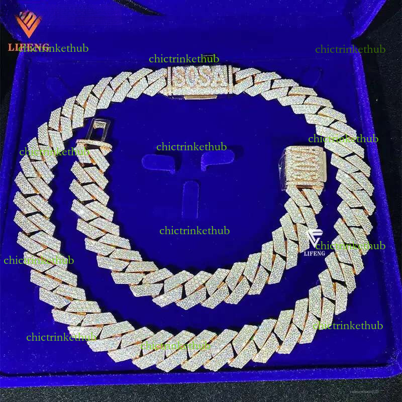 Rose Gold Plated Miami Cuban Chain Custom Name Sterg Sier With VVS Moissanite Charms Necklace And Bracelet Jewelry Set