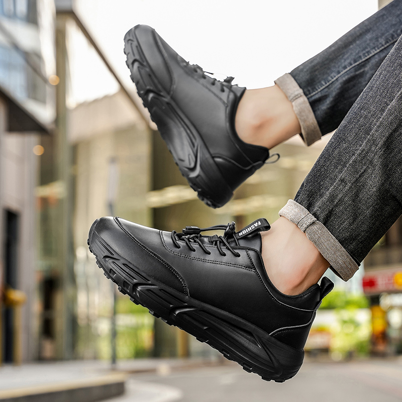 Unisex Black PU Leather Sneakers for Men & Women - Breathable Gym Footwear with Wider Toe Box