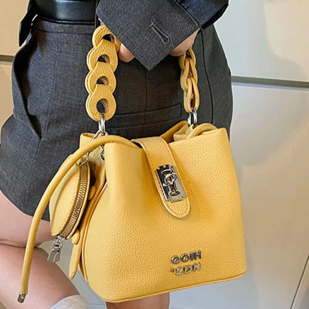 Temperament Lock Bucket Bag for Women Summer Single Shoulder Crossbody Bag Handbag Soft Pu Daily Commuting Bag 251104