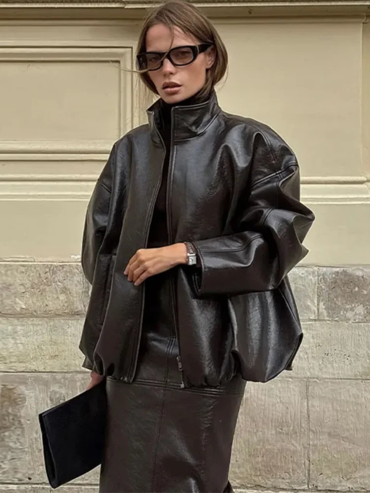 Leather Fashion Jacket Skirt Sets Women Zipper Loose Street Stand Collar Coats Straight Midi Skirts Suits 2025 Autumn Party Chic 251105 - view 6