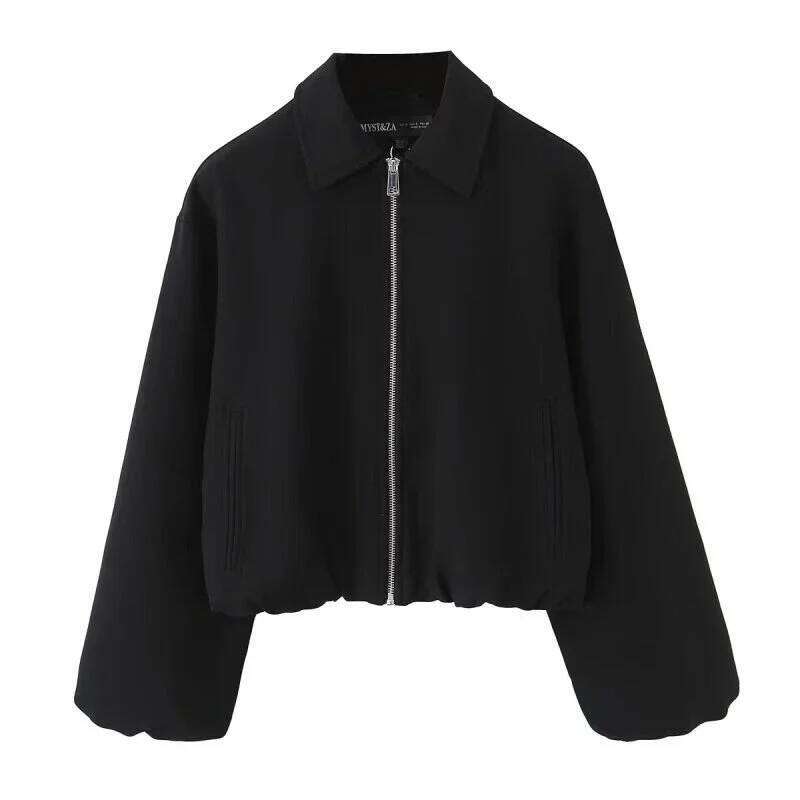 Autumn Winter Women Short Jacket Coat Zipper Pocket Outerwear Female Lady Streetwear Khaki Black Tops