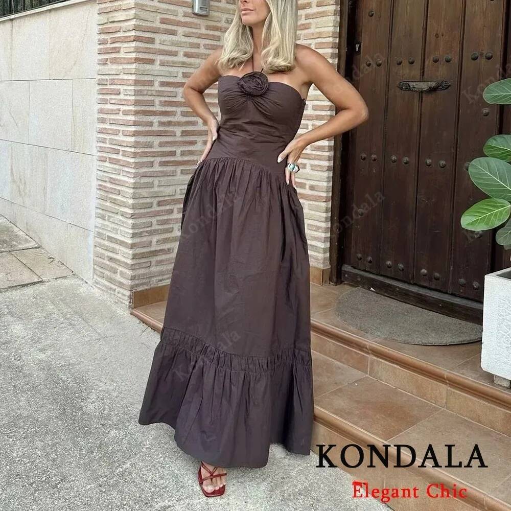 winter jacket women KONDALA Elegant Fall Brown Flower Halter Women 2025 Summer Fashion Neck-mounted Backless Long Evening Date Dress