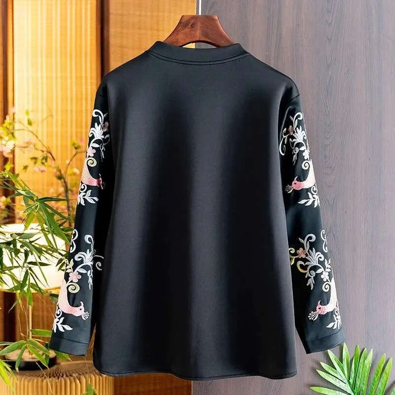 Floral Embroidered Pullover Women Long Sleeve Casual Loose Swearshirts Chinese Style Retro Buckle Tops hoodies women