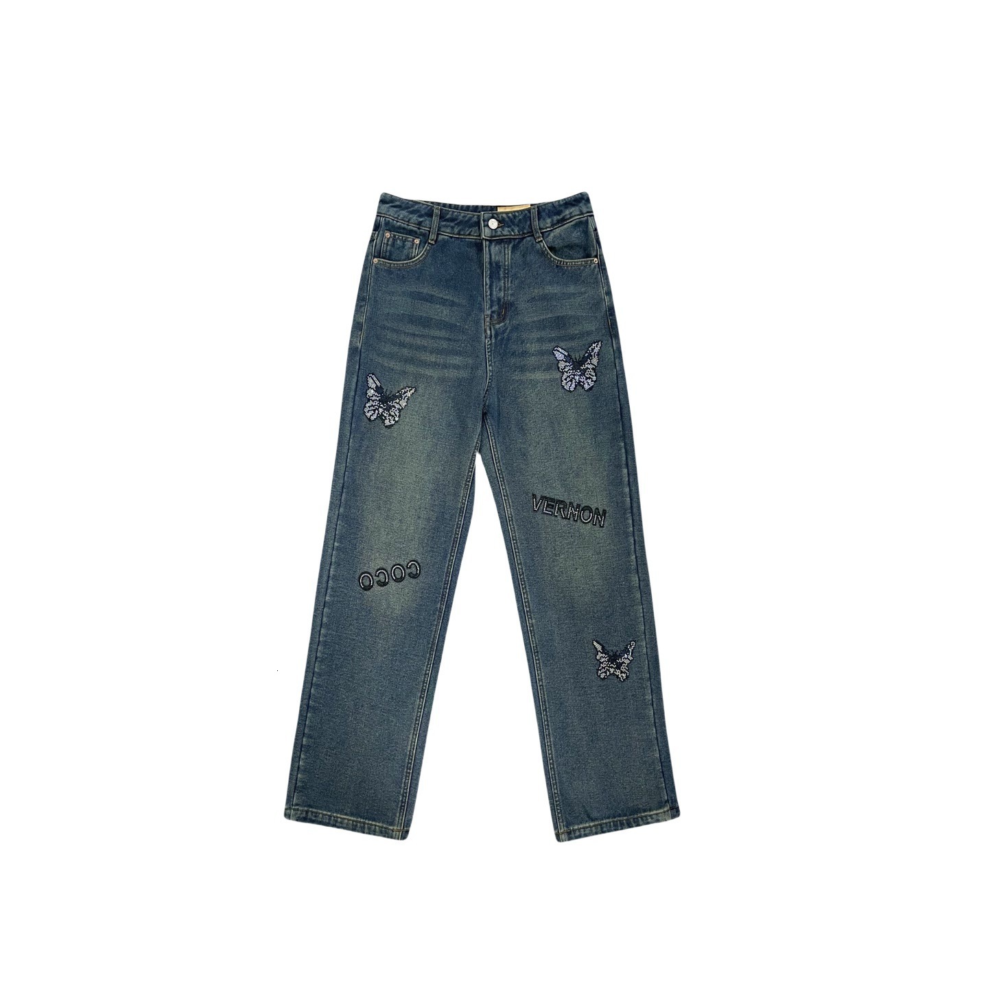 Spring Summer New Design Sense Butterfly Rhinestone Fashionable Elegant Straight Wide-Leg Jeans Daily Versatile Pants Women's Clothing ddmymoon