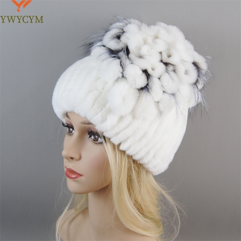Women Fur Hat For Winter Handmade Natural Rex Rabbit Fox Fur Cap Russian Female Fur Headgear Warm Beanies Cap 251028ww