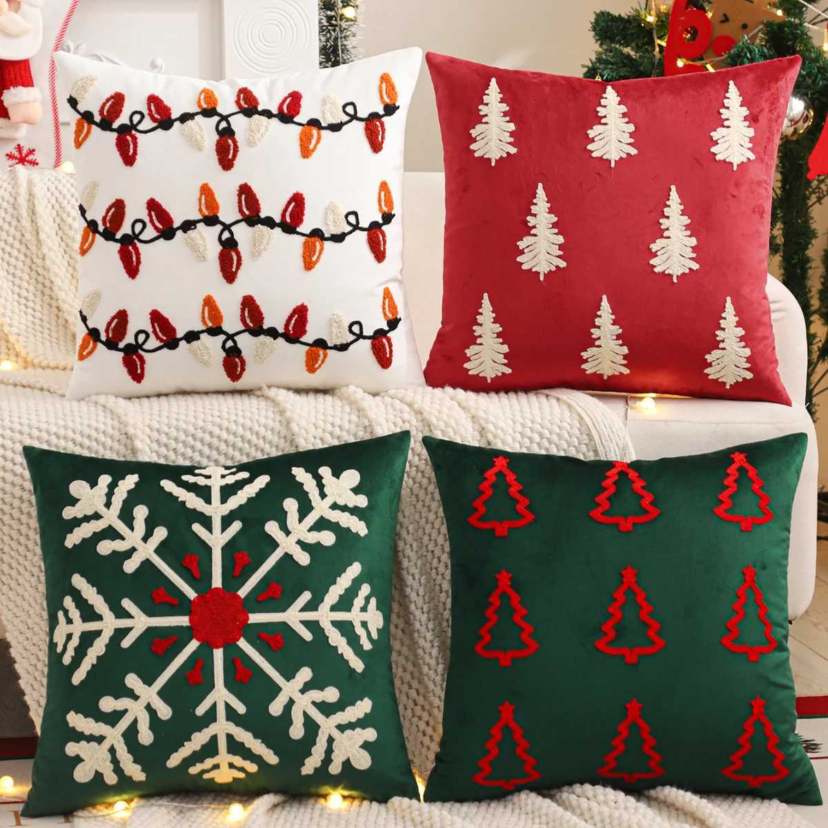 Embroidery Throw Pillow Cover Christmas Decoration Velvet Soft Christmas Tree Snowflake Winter Farmhouse Home Sofa Living Room Y251105