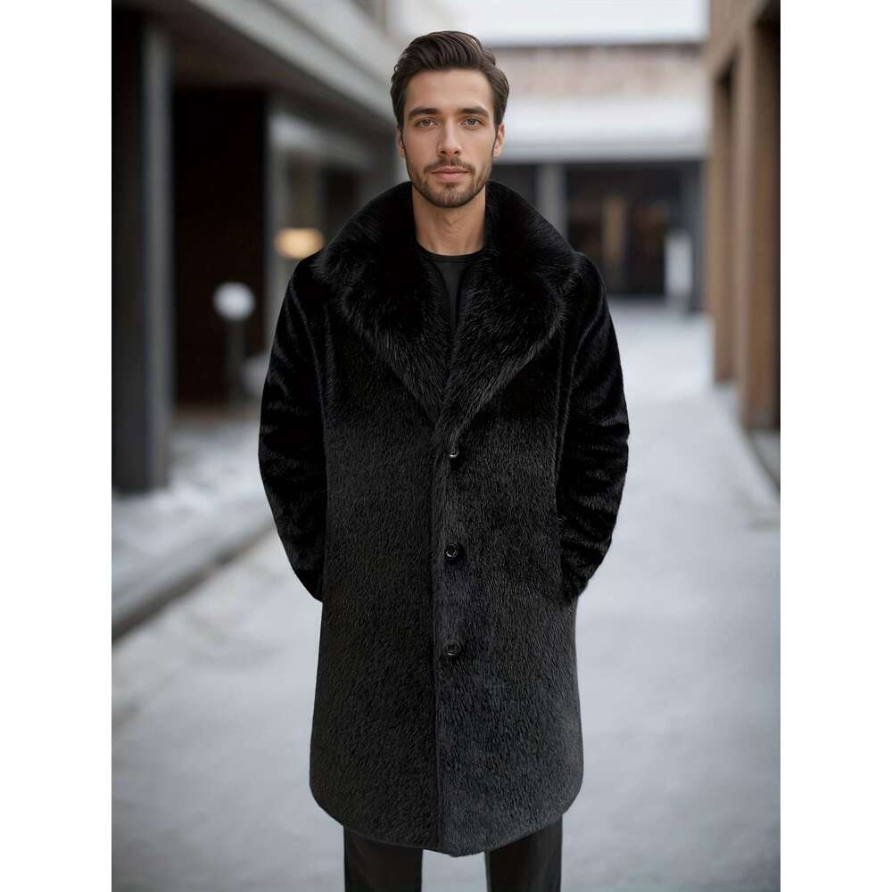 Warm Coat Winter Warm Faux Fur For Men | Thickened Fece-Lined Long Coat With Lapel Collar, Sing-Breasted Button Front Pockets, Black Casual & Business