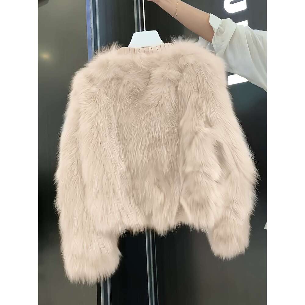 Cozy Jacket Pink Faux-Fur Trim Jacket Women | Winter Plush Collar Fringe Hem Coat, Elegant Short H-Line Silhouette, Single-Breasted Loose Fit For Casu