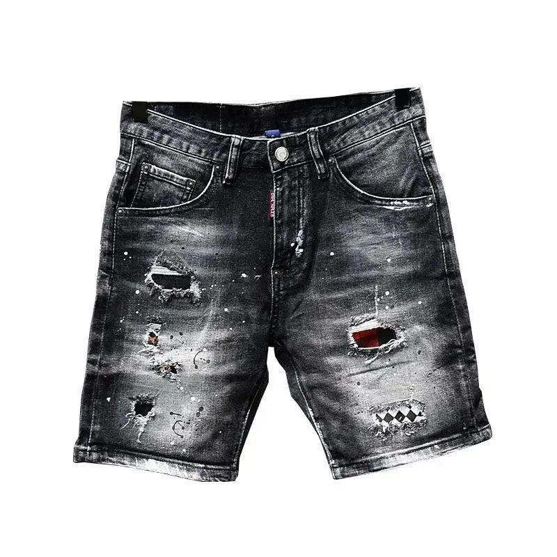 er clothing mens casual denim knee length shorts summer fashion black patch painted jeans mens shorts 250402
