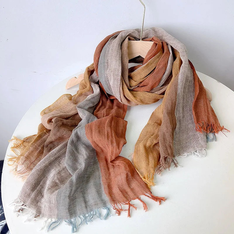 Stripe Linen Flax Tassel Scarf Women Foulard Summer Travel Long Shawl Lady Elegant Hijab 60*200CM 250403