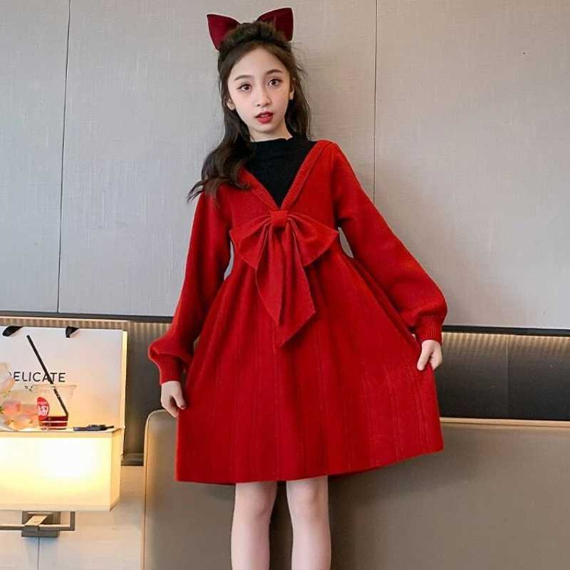 2025 New Years Red Princess Knit Dress for Toddler Girls Stylish Autumn/Winter Elegant Woolen Outfit C251105