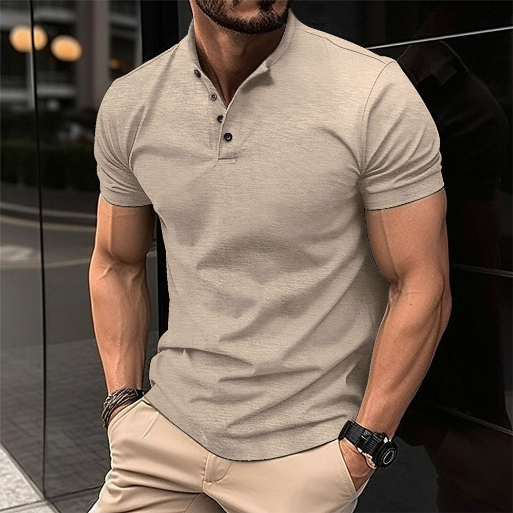Mens digital printed solid color casual short sleeved pullover buckle T-shirt polo shirt top