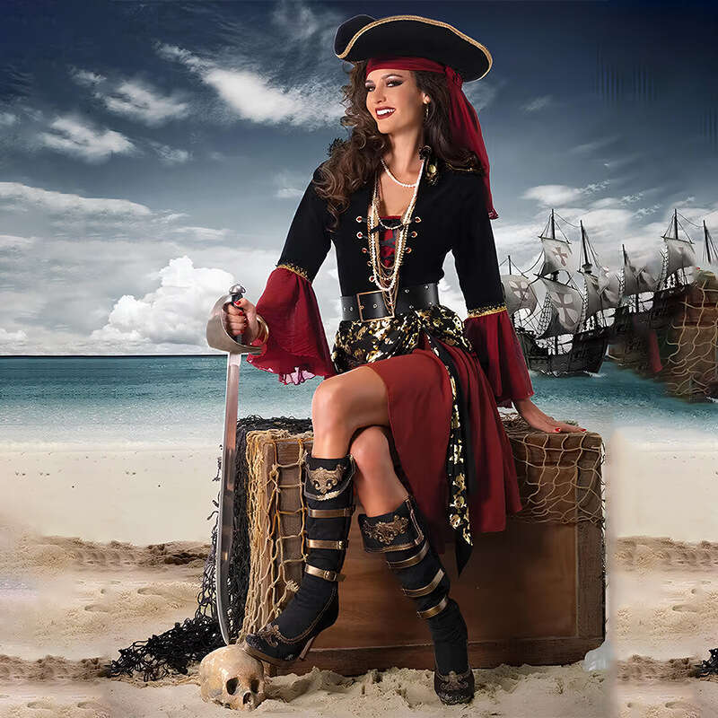 Halloween Costume Masquerade Red Pirate Cosplay Jack Sparrow Adult Women Caribbean Pirates Performance Outfit