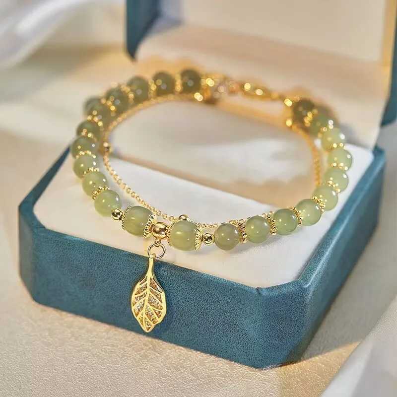 Chinese Style Green Jade For Women Exquisite Gold Color Leaves Wrist Strap Bangle Double Chain Girls Gifts C251105