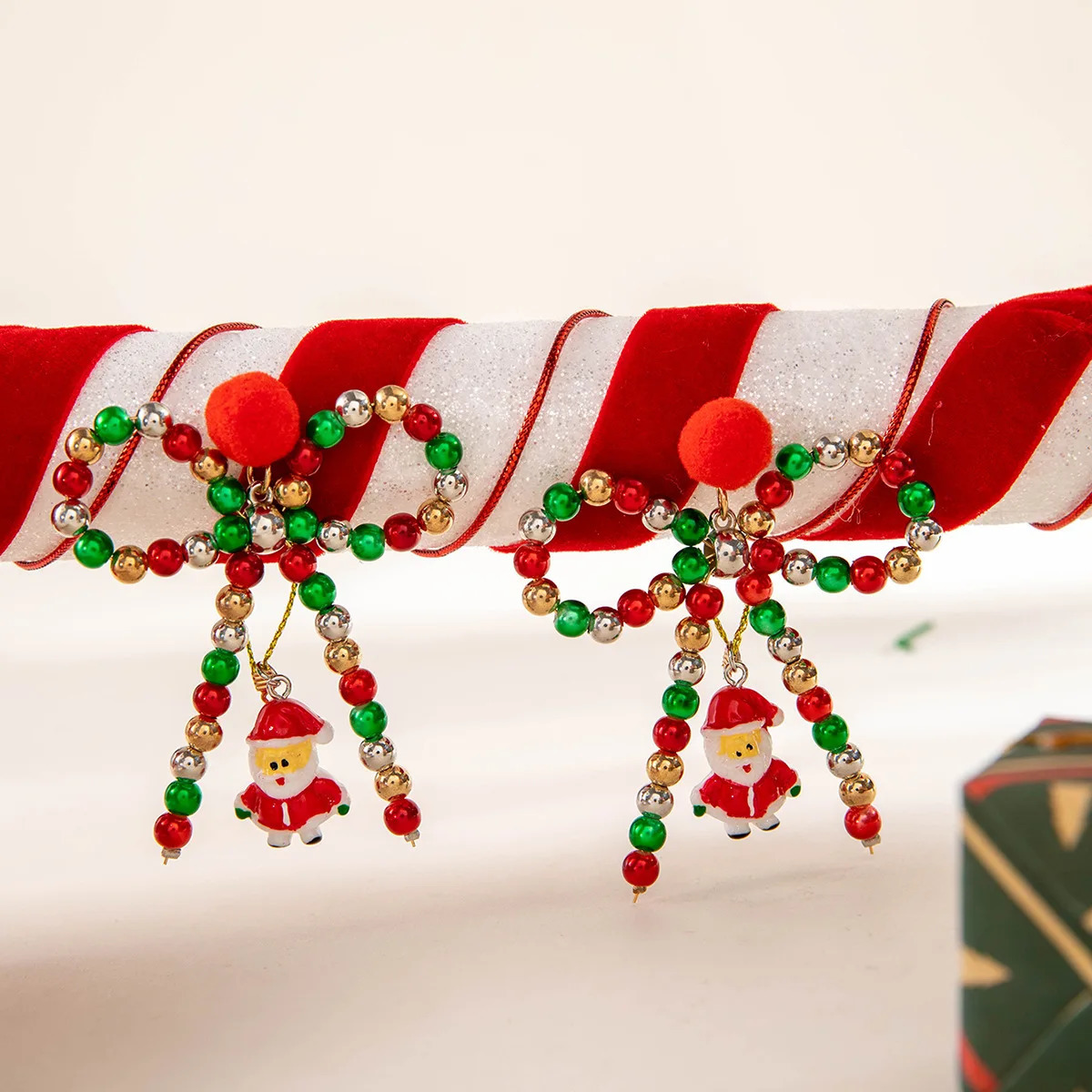 Earrings red bow Christmas tree cute handmade Colored beaded bow hair ball earrings 251131