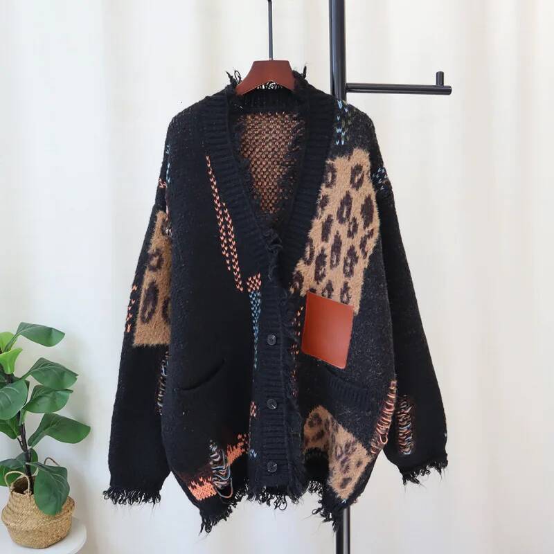 winter jacket women WTHT Trendy Women's Spliced Vintage Leopard Loose Knitted Cardigan Winter Fashion V-neck Long Sweater Female 1LS593