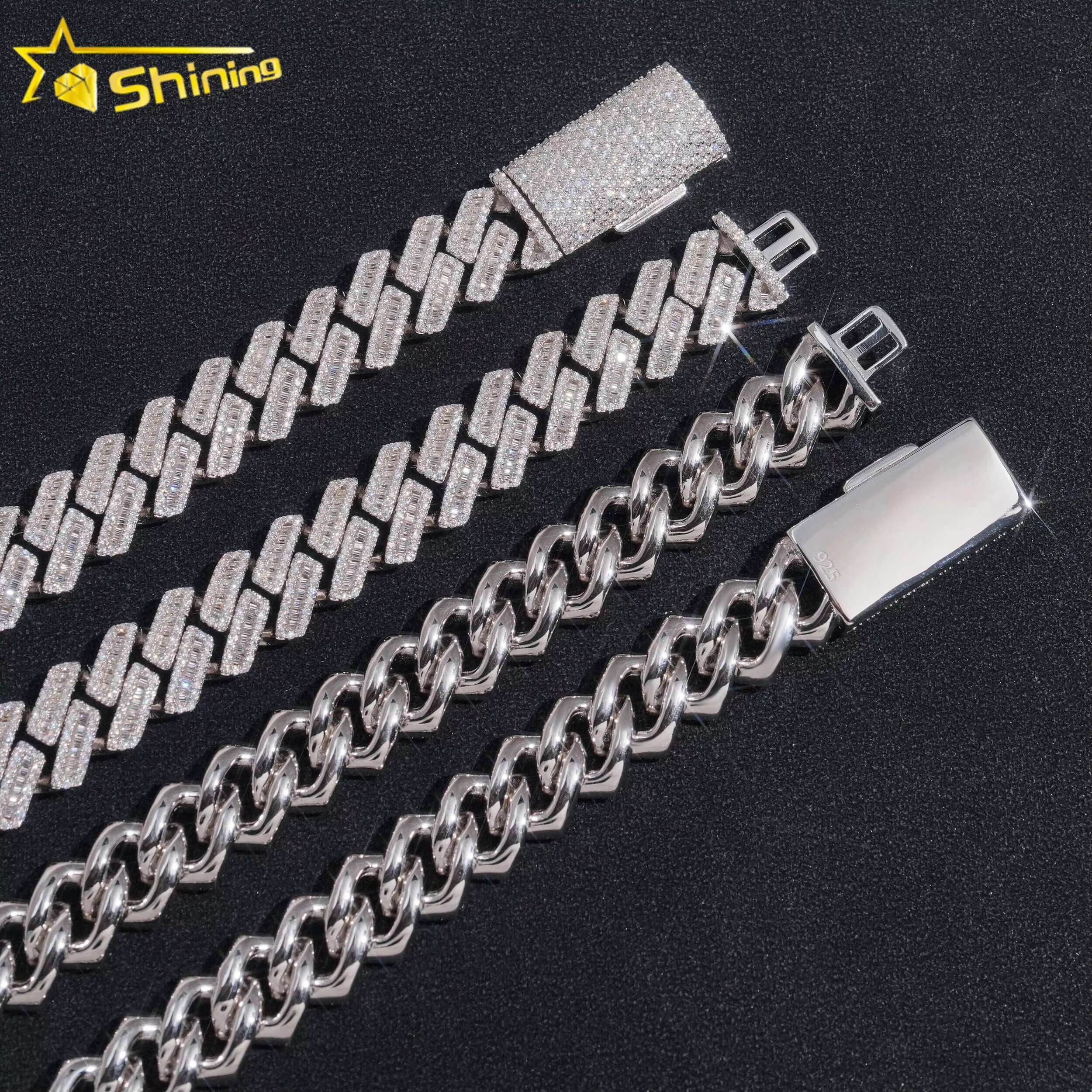 Shinning VVS Diamond Hip Hop Jewelry 925 Silver Gold Plated Baguette 13mm Iced Out Moissanite Cuban Link Chain