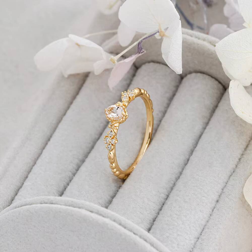 925 Sterling Silver 14K Gold Plated Gemstone Cz Zircon Retro Hollow Flower Pink Beryl Morganite Ring