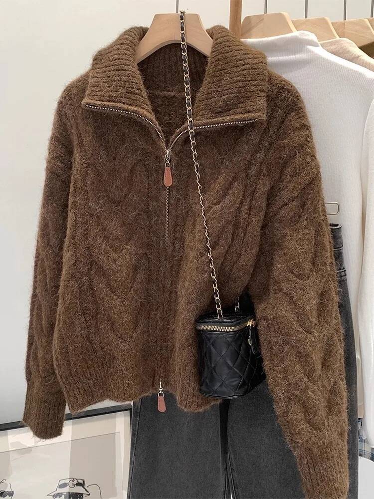 winter jacket women HELIAR Women Fall Winter New Casual Knitted Cardigan Retro Solid Double Zipper Turn-down Collar Sweater Thicken Loose Tops