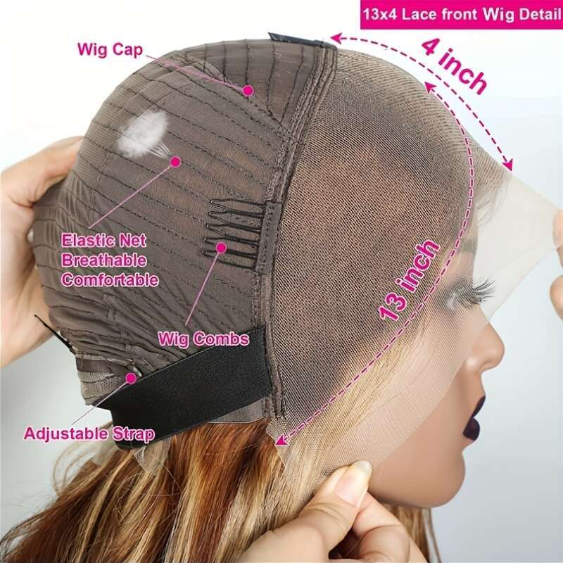 250% Density Glueless With Transparent Front - Natural Brown Blonde Ombre Highlights, Pre-Cut Pre-Plucked Hairline, Deep Wave Human 13X4 Lace Hair Wig