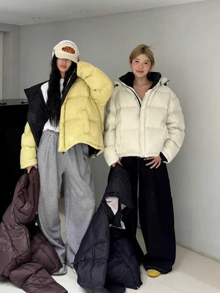 Winter Chic Patchwork Hooded Puff Down Jacket Women 90White Duck Down Loose Down Jacket Female Zipper Drawstring Parker OutwearT251105