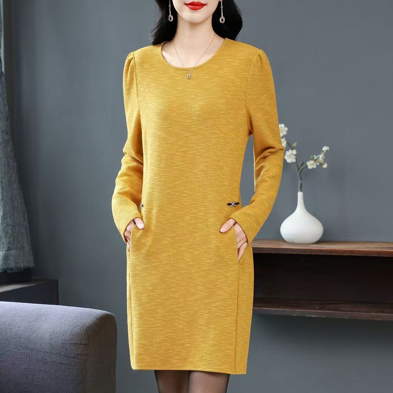 plus size women's new long sleeve high waist printed banquet dress mid-length skirt D02854