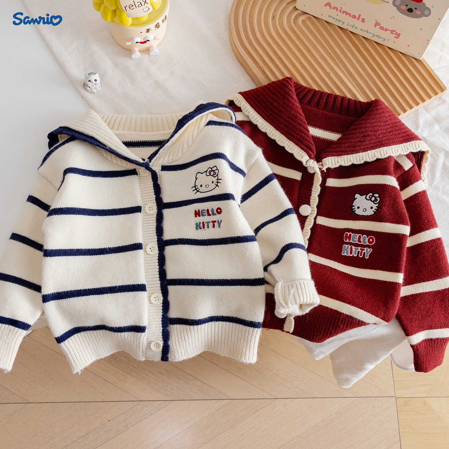 Sanrio Korean Girls Autumn Coat New Fashionable Sweet Cartoon Knitted KT Cat Striped Navy Collar Sweater Cardigan H251105