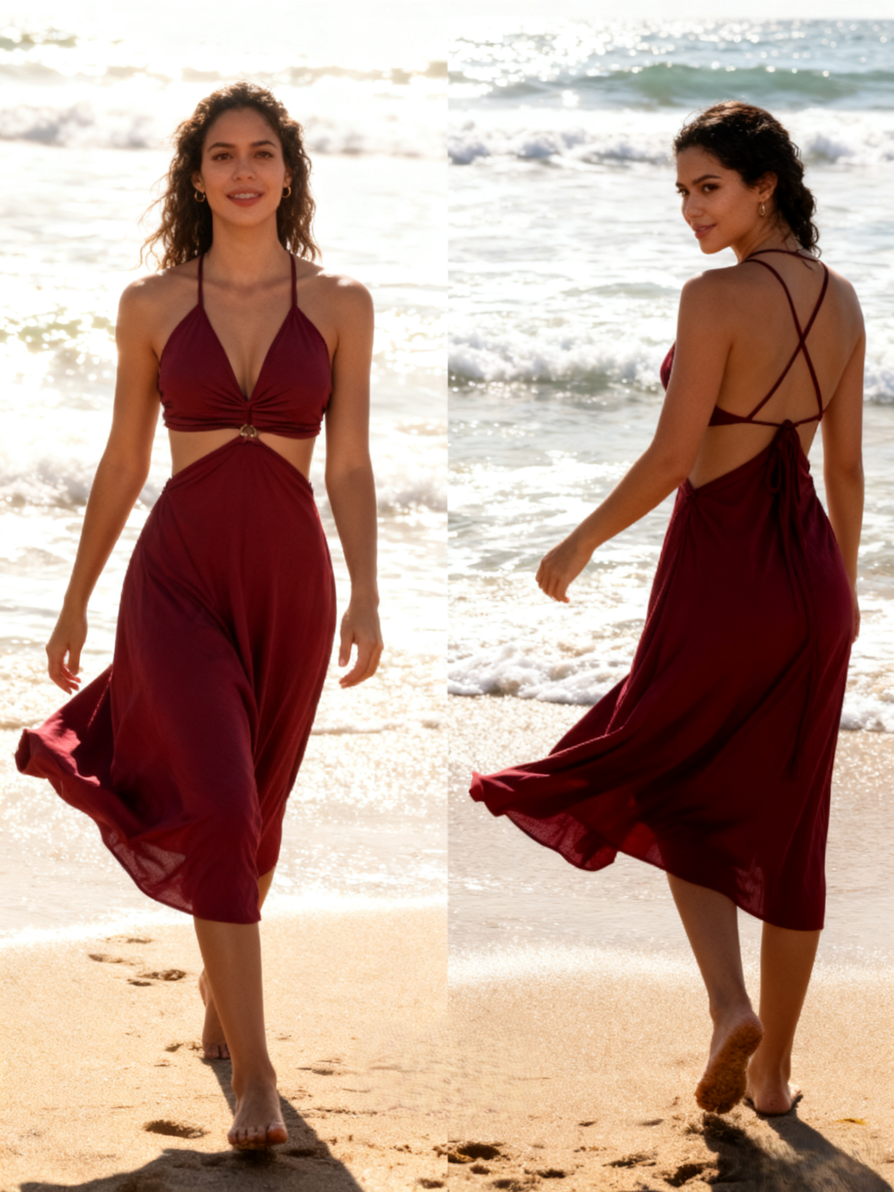 Burgundy Halter-Neck Crop Top Dress with Deep V-Neck, Metal Ring Cutout Detail, Beach Resort Style, Figure-Flattering Midi Length