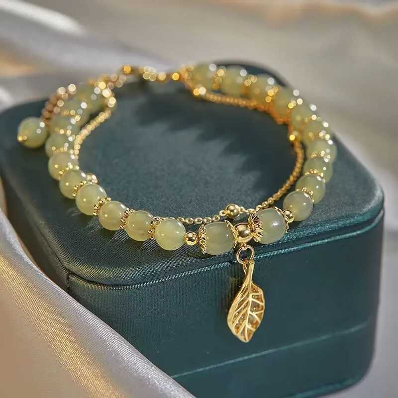Chinese Style Green Jade For Women Exquisite Gold Color Leaves Wrist Strap Bangle Double Chain Girls Gifts C251105