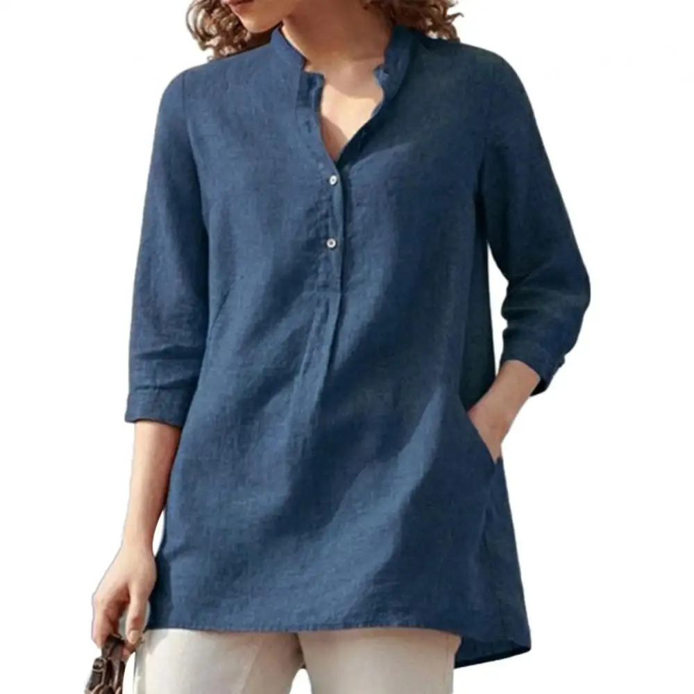 Elegant Cotton Linen Shirts Women Casual Solid Button Lapel Blouses Shirts Autumn Winter 3/4 Sleeve Loose Tops Tunic Blusas 250402