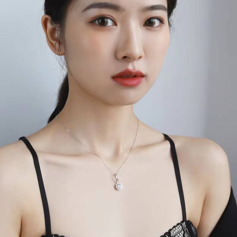 Fine Jewel Ladies Womens Trendy VVS Round Diamond Double Ring Pendant Chain 925 Silver Jewelry VVs1 Moissanite Necklace Pendant