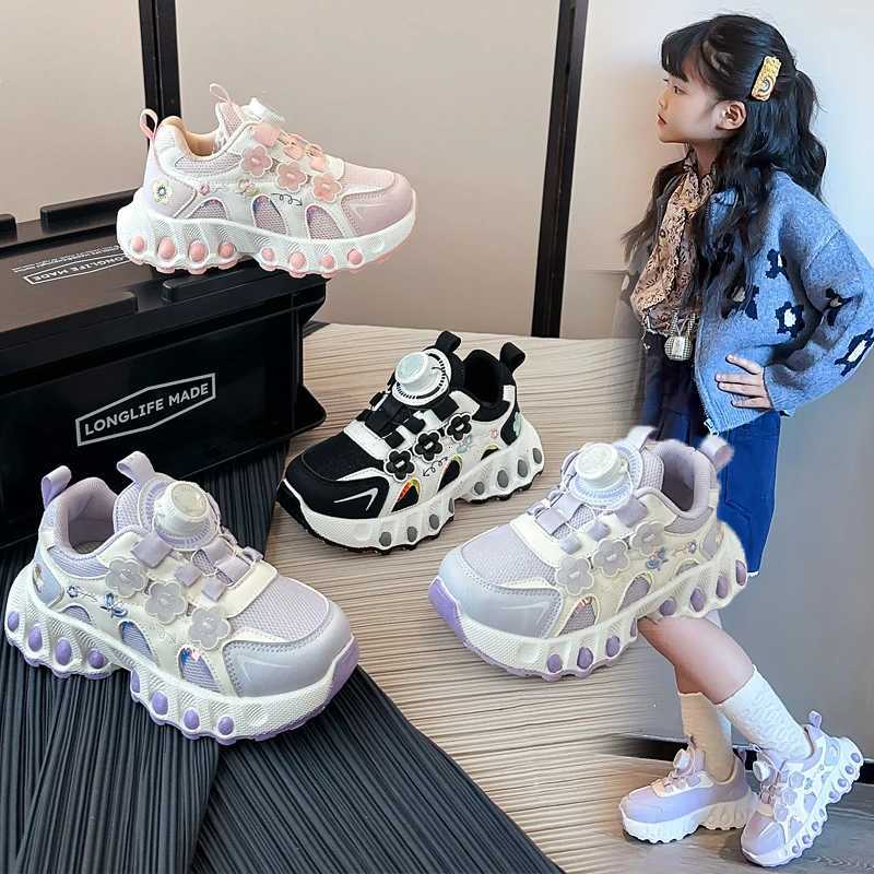 Girls Sneakers 3-18 Years Old Four Seasons Flowers Girls Single Shoes Light Purple Lightweight Non-slip Childrens Running ShoesT251105