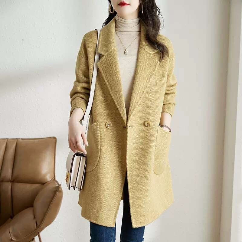 Autumn Winter New Korean Style Elegant Thickened Mid-Length Herringbone Wool Coat For Women B5