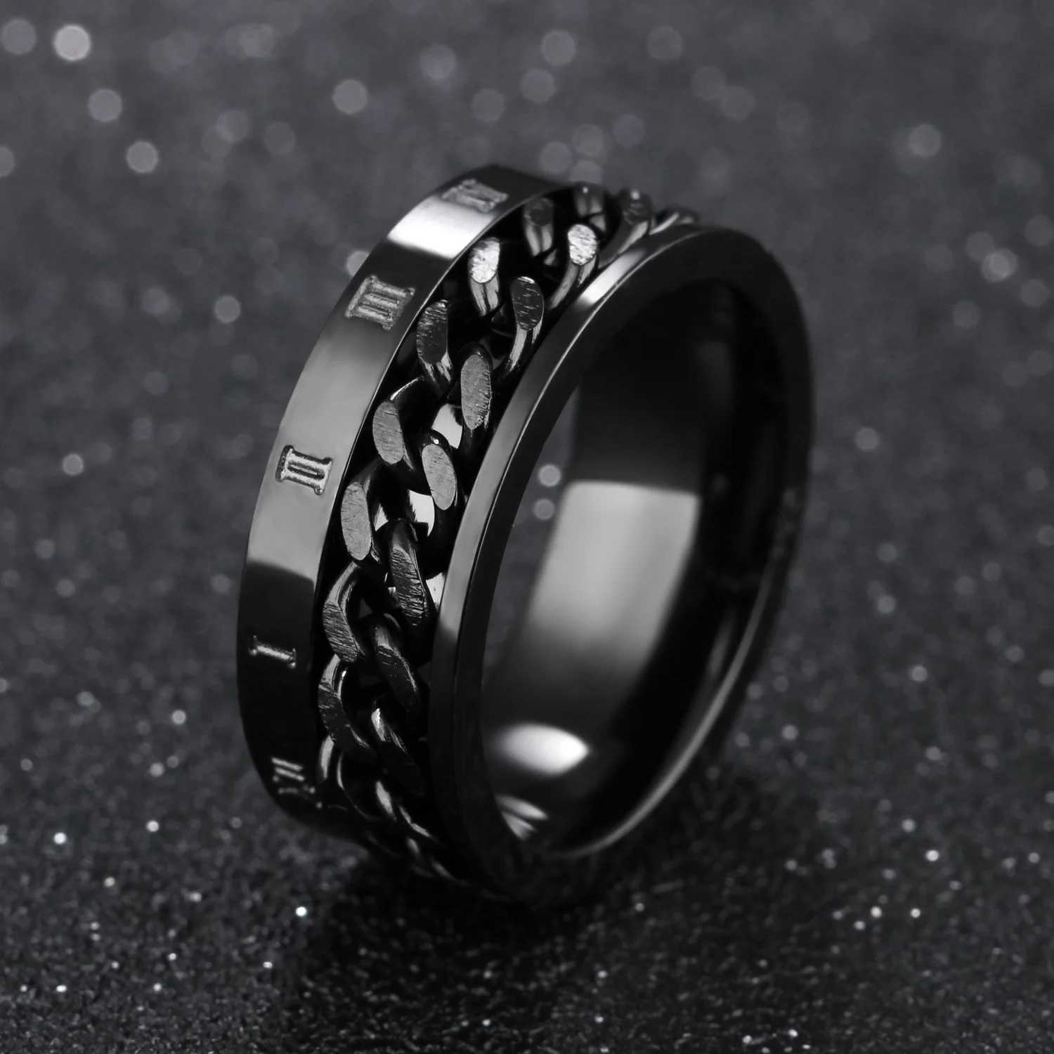 Roman Numerals Stainless Steel Chain Rotating Anxiety Black Rings For Men Fidget Metal Spinner Knuckle Ring Anillos De Hombre Z250407