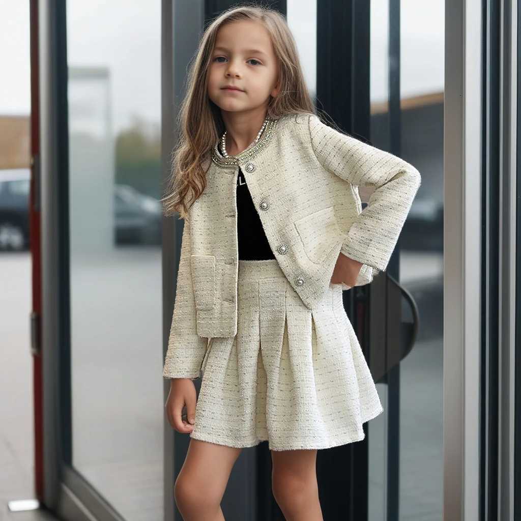 2025 Girls Outfits Set Chic Tweed Jacket Skirt Two Pieces Teen Children Costumes Stylish Spring Autumn Kids Clothes10 12 Years Y251105