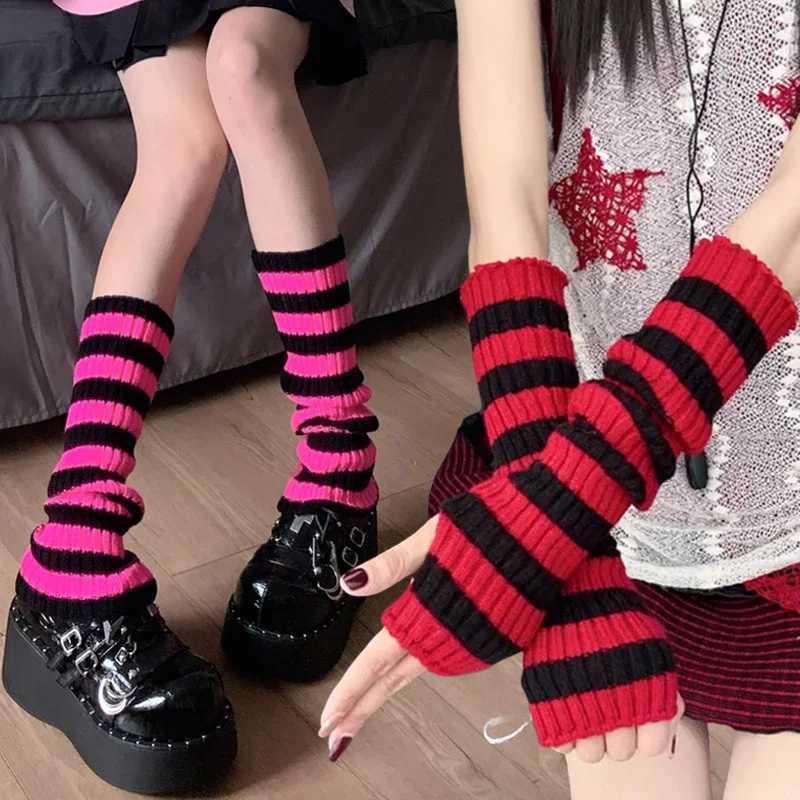 Striped Winter Arm Warmer Knit Red Long Fingerless Gloves Knitted Christmas Wrist Warmers with Thumb Hole for WomenL251105
