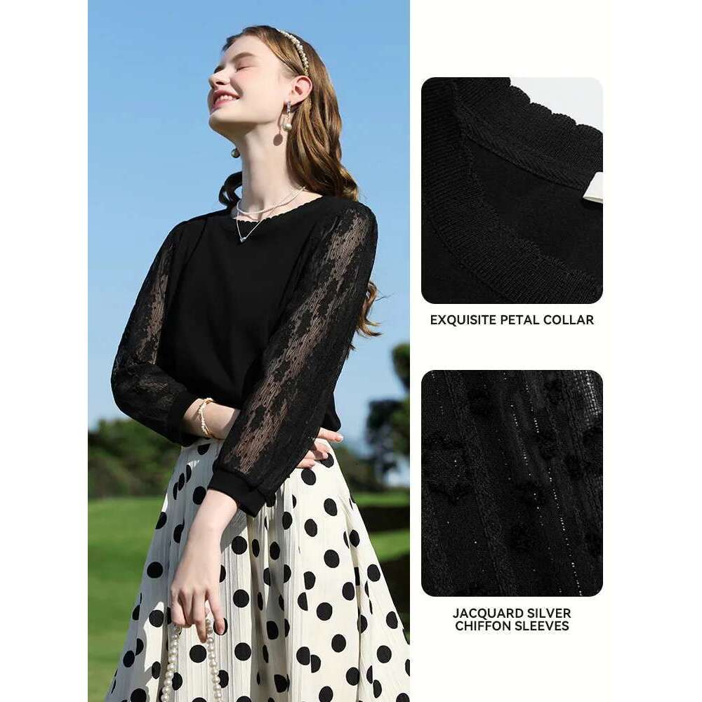 Black Three Quarter T-Shirt Spring 2025 Lace O Collar Tees Elegant Jacquard Chiffon Sleeve Top