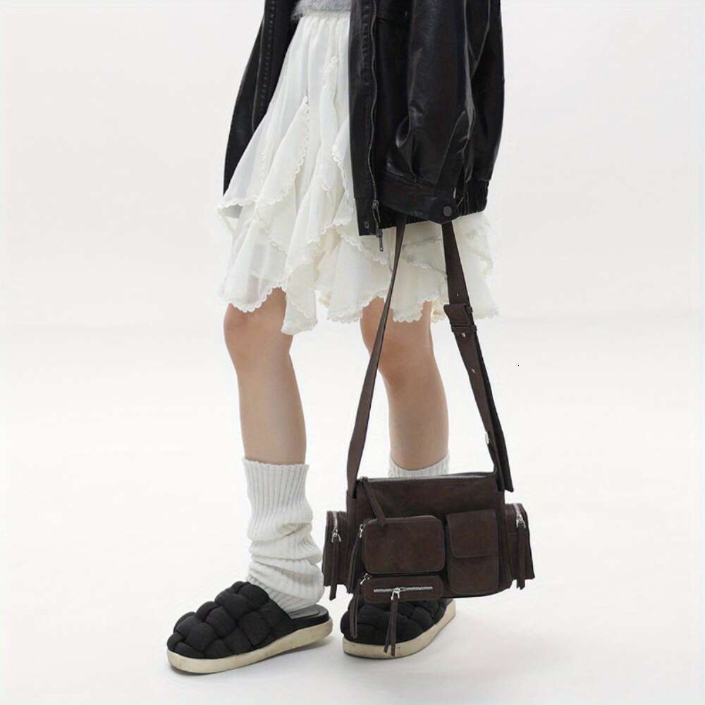 Women Spicy Motorcycle Retro Frosted Suede PU Handbag, Coffee Brown, Large Capacity Multi Pocket Shoulder With Adjustable Strap, Ideal For Work