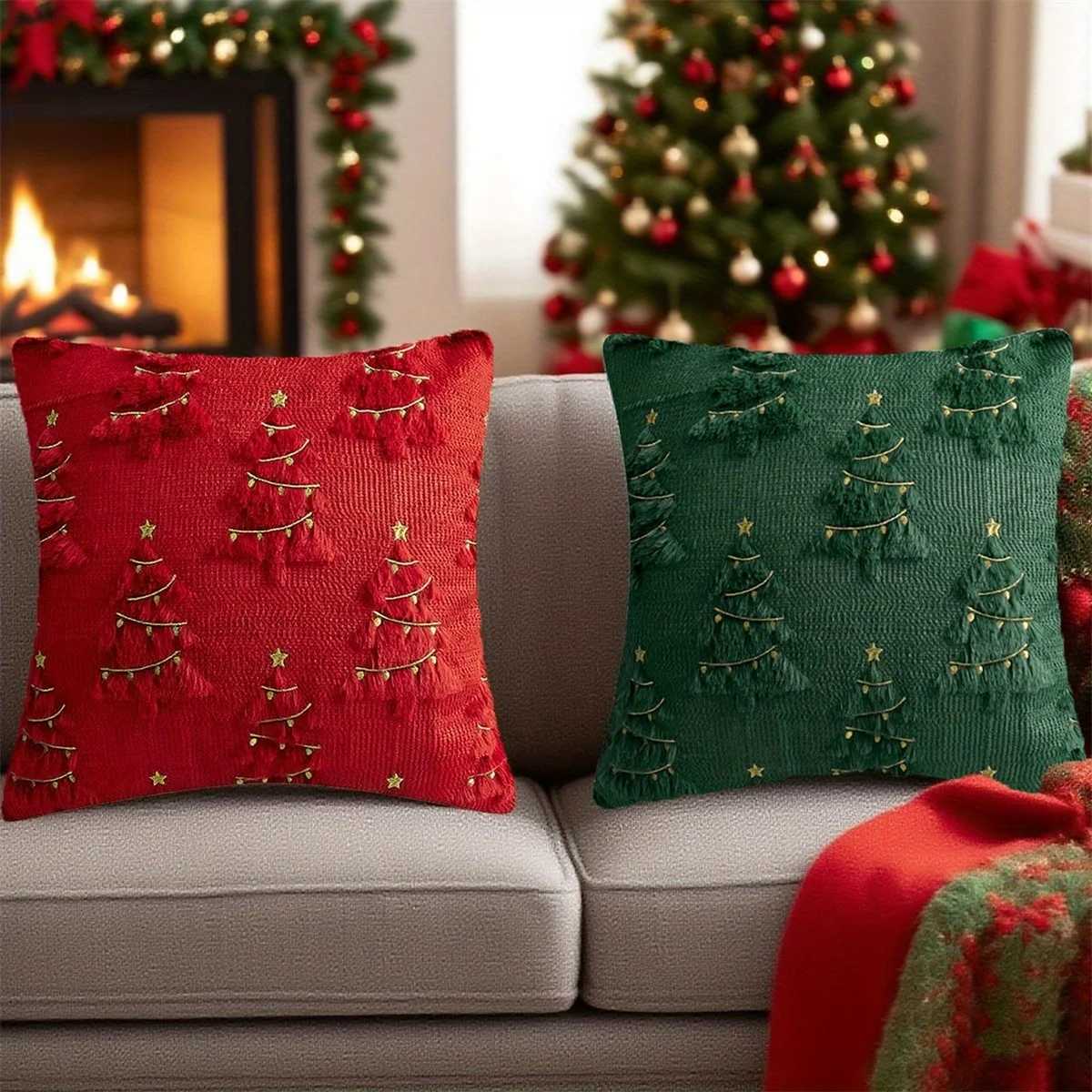 Red Christmas Throw Pillow Covers 18x18 Soft Faux Fur Pillow Cases Holiday Decorations Fluffy Plush Accent Couch Cushion Y251105