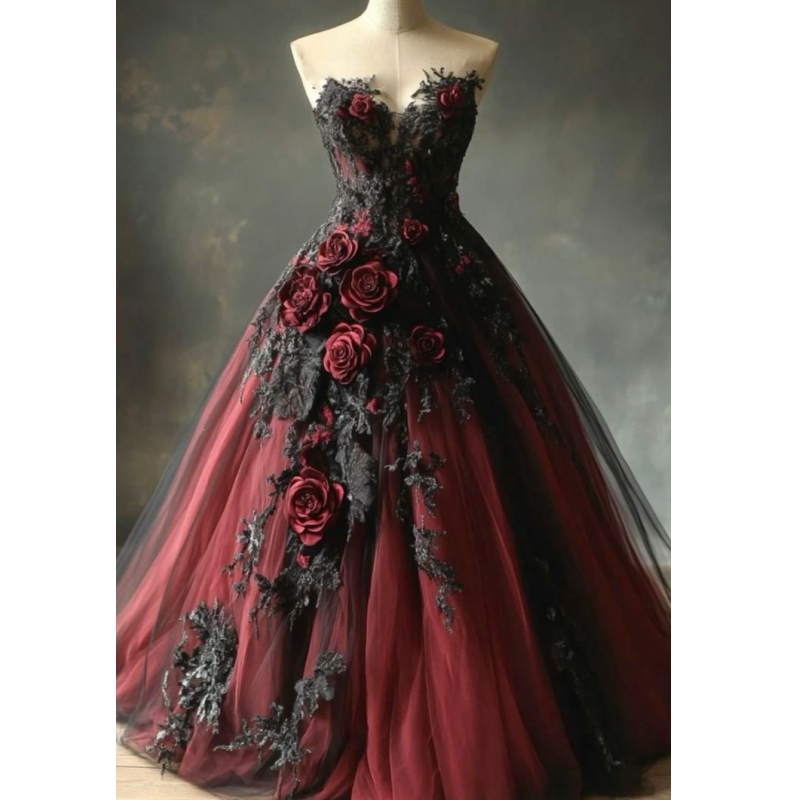 Burgundy And Black Gothic Wedding Dress Sweetheart Neckline Sleeveless Corset A-Line Floral Lace Appliques Vintage Bridal Gown