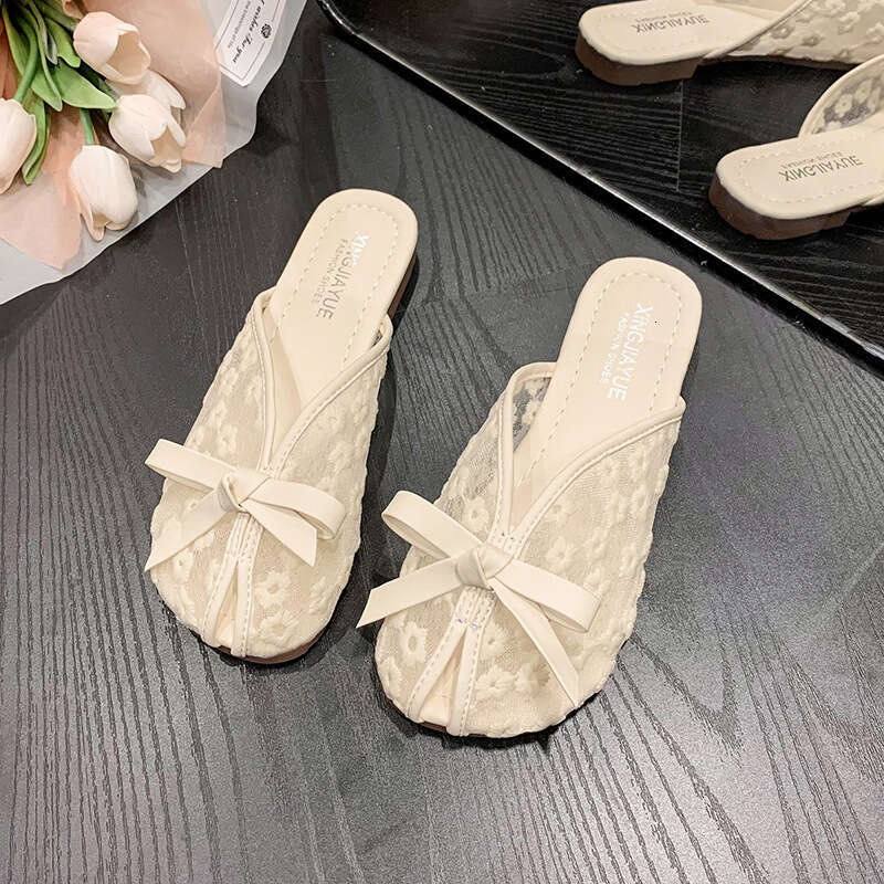 Baotou Summer 2025 New Internet Celebrity Bow Versatile Soft Bottom Half Slippers for Women Wearing Outside