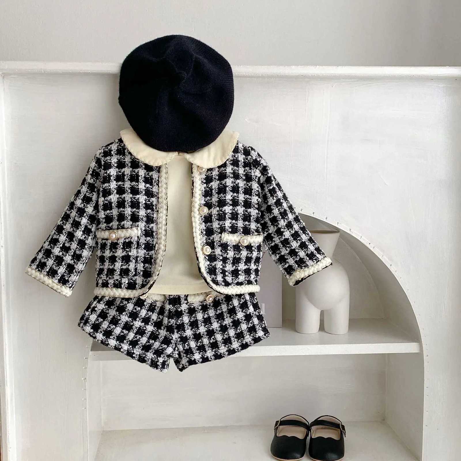 7010 Baby Clothing Set 2025 New Korean Tweed Plaid Baby Girls Suit Long-sleeved CoatShort Pants Boutique Two-piece Suit Y251105