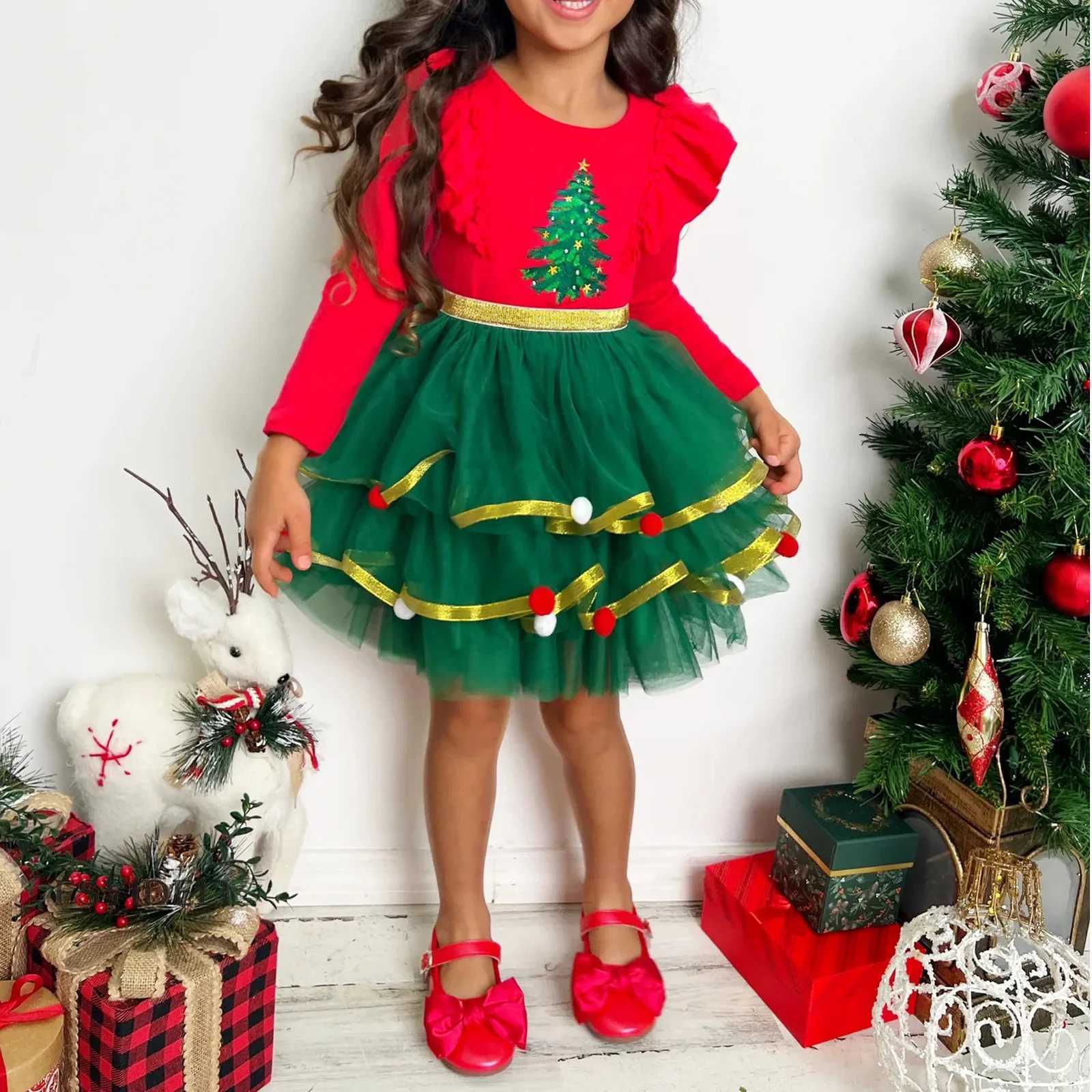 New Christmas Kids Dress Full Sleeve Cartoon Cute Ruffles Sequin Dresses Xmas Tree Printed Gift For Girls Princess Party Clothes C251105