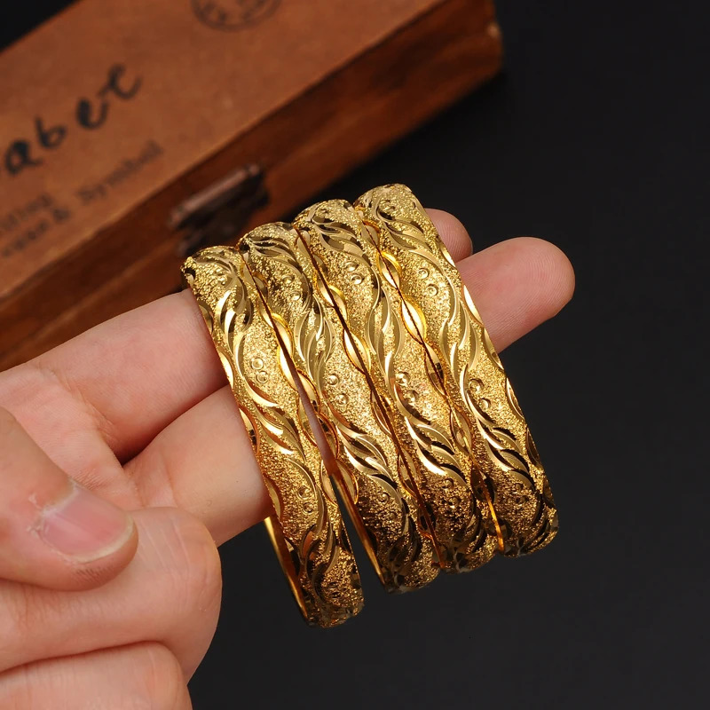 4PCS 18K 65MM Gold Color Dubai Openable Bangle Women Ethiopian Mesh Bracelets Wedding Jewelry African Wedding Party Gifts 251031