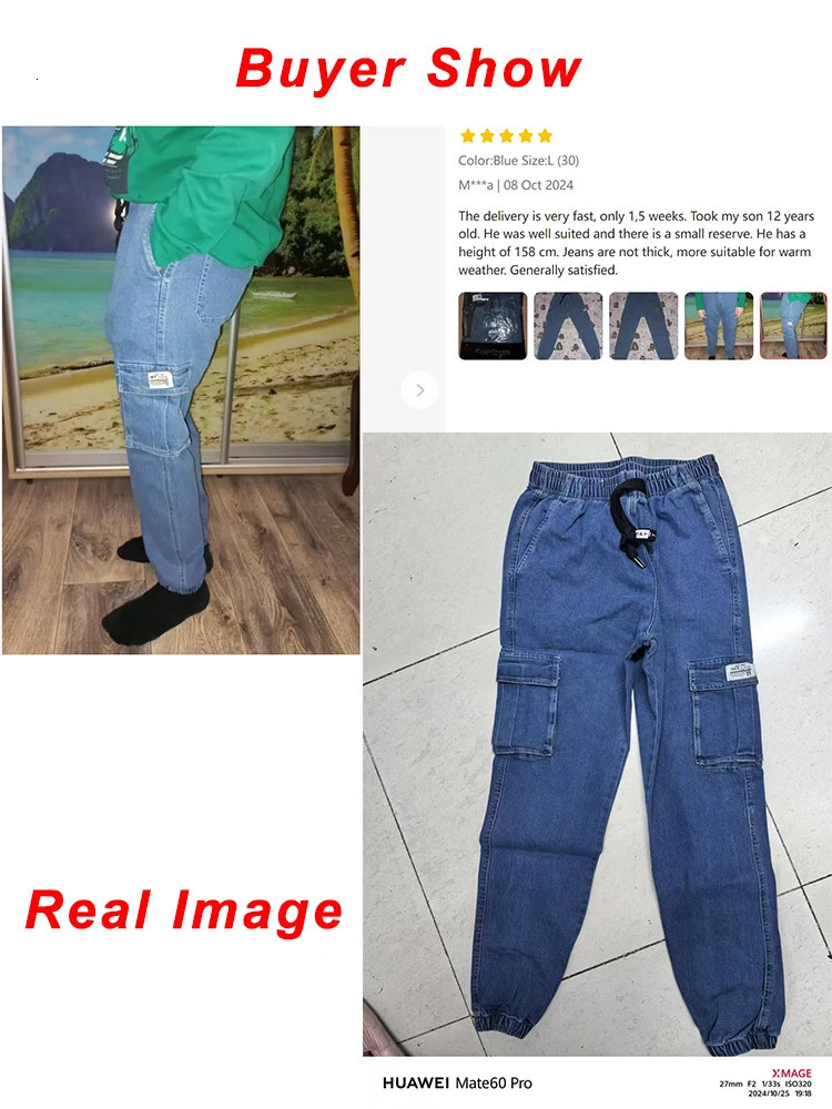 Spring and Autumn Mens Jeans Multi Pocket Work Clothes Cargo Pants Black and Blue Elastic Waist Denim Jogger Large Size Jeans Trousers 8XL 250402