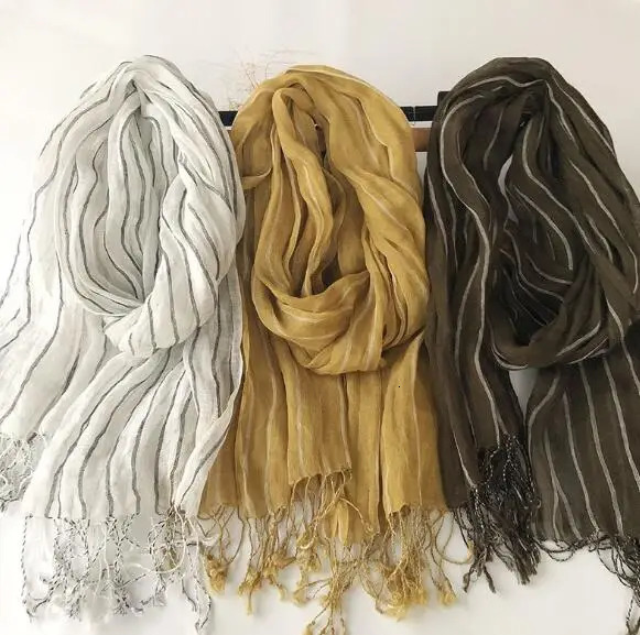 100% Linen Stripe Men/Women Winter Scarf High Quality Hijab Fashion Foulard Shawls Scarves 60x180cm 250403