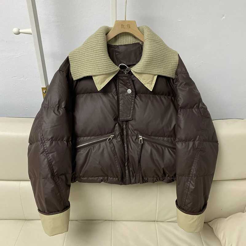 Winter Big Lapel Knitted PU Splicing Down Jacket Female Zipper Pocket Puff Quilted Jackets Women White Duck Down Parker OutwearsT251105