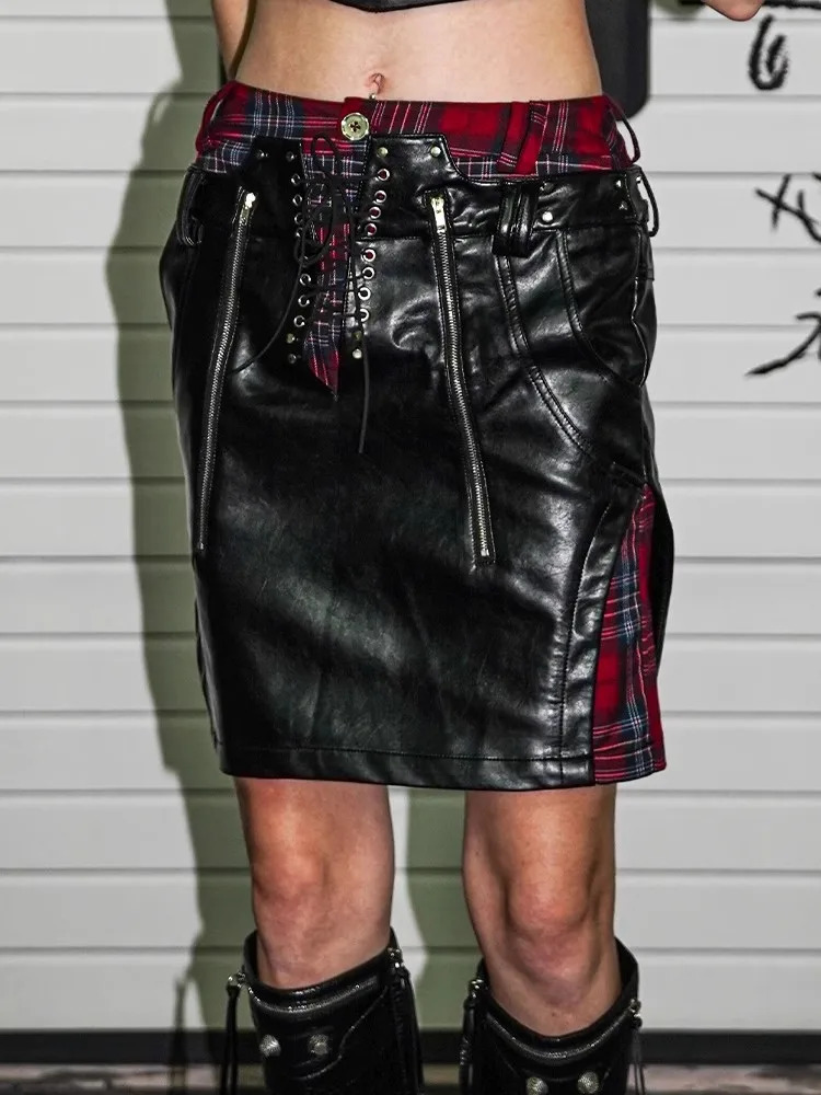 Lautaro Spring Summer Cool Plaid Patchwork Pu Leather Mini Womens Lace Punk Street Clothing 250324