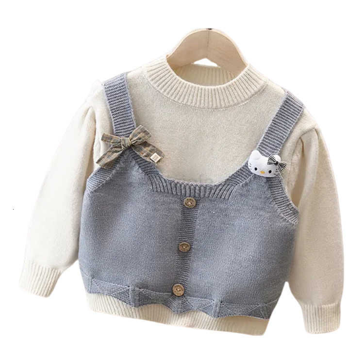 Sanrio Girls KT Cat Fake Two-Piece Pullover Sweater 2025 New Fashionable Childrens Knitted Top Thickened Warm Childrens H251105