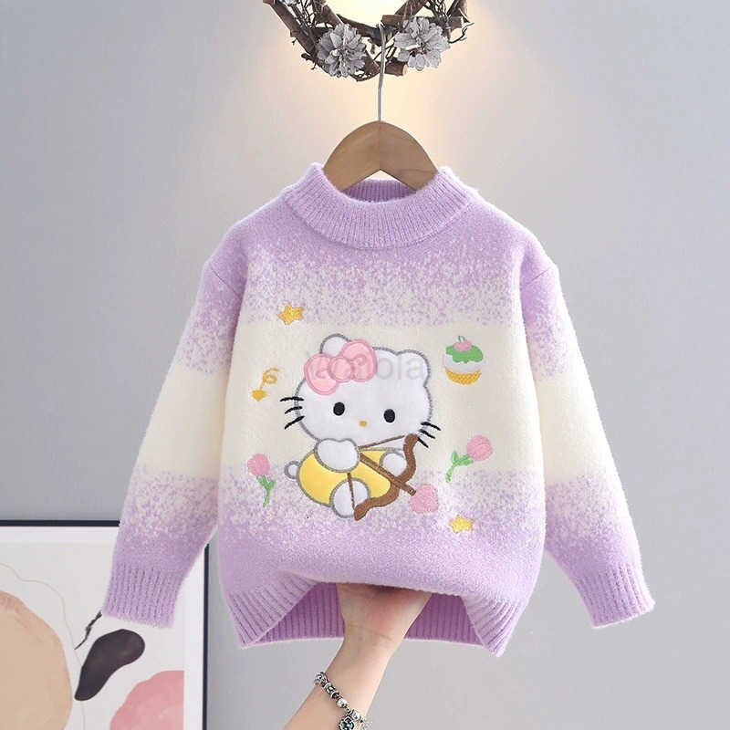 Sanrio Cartoon Cute Kitty Cat Embroidered Girls Sweater Knitwear Autumn Winter Style Childrens Round Neck Warm Base Layer H251105